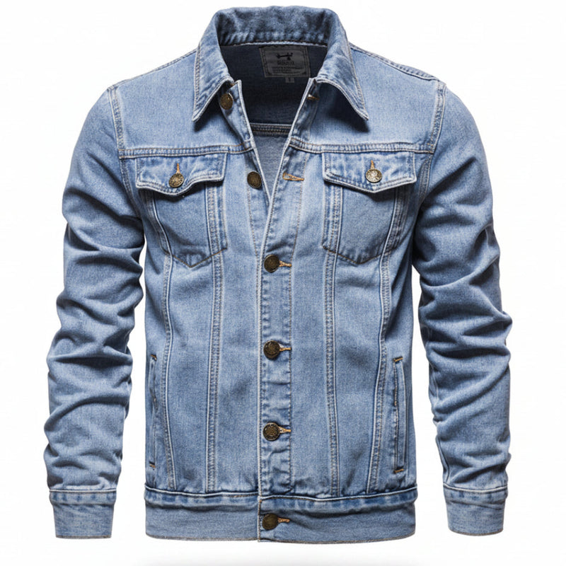 Front view of men’s blue hooded denim jacket with slim fit streetwear style