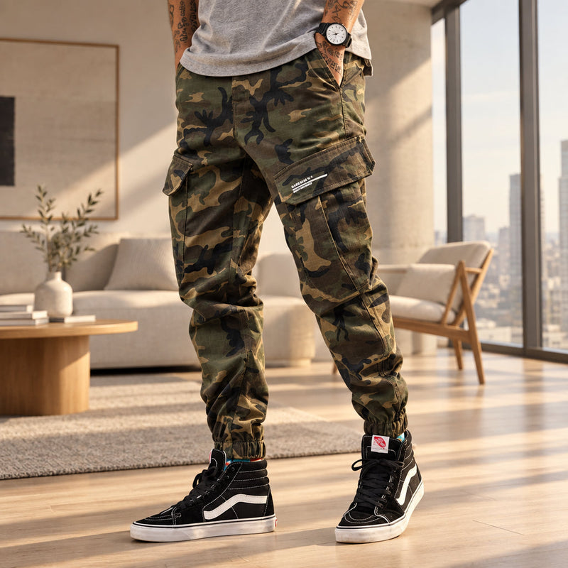 Front view of men’s camo harem jogger pants featuring slim tapered ankle streetwear design
