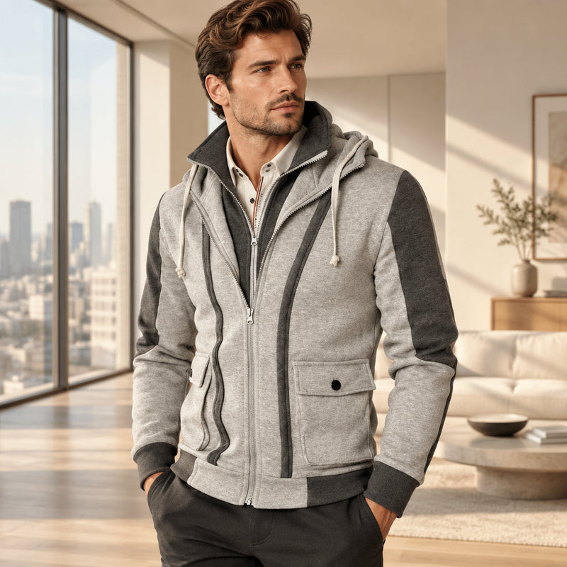 Front view of men’s casual hooded jacket coat with cotton lining and zip cardigan design