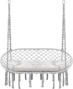 Hammock Chair Macrame Hanging Swing with Cushion,Hanging Cotton Ropes, Metal Frame, 450 lbs Capacity Indoor Outdoor, Patio, Balcony, Living,Deck, Yard, Garden(Double Swing) Beige