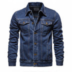 Front view of men’s blue hooded denim jacket with slim fit streetwear style