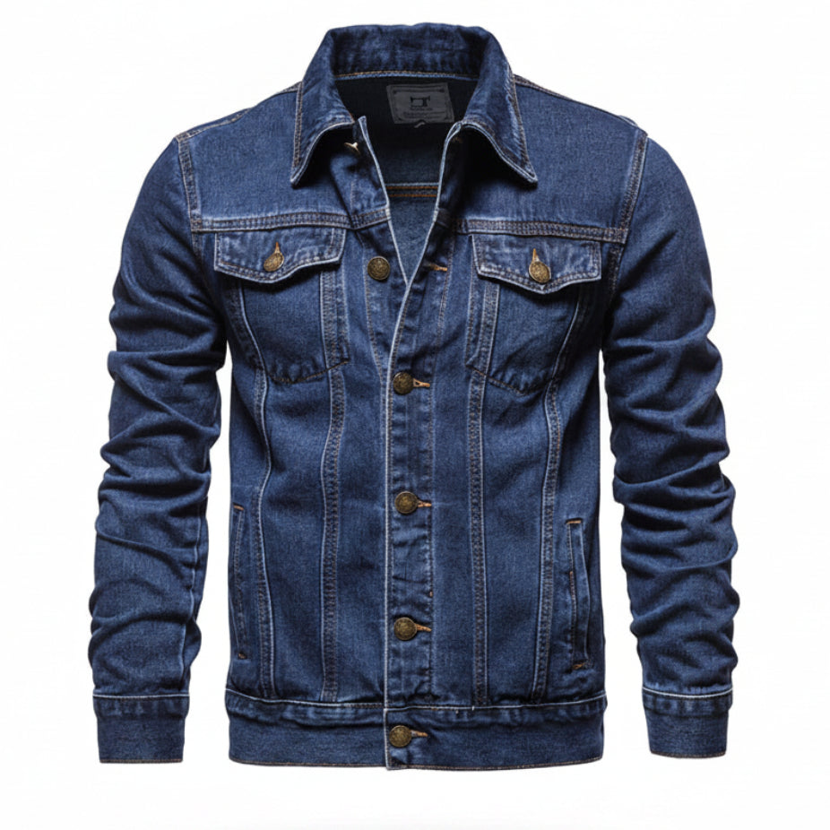 Front view of men’s blue hooded denim jacket with slim fit streetwear style