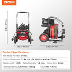 Drain Cleaner Machine 100FT x 1/2 Inch, Auto Feed Sewer Snake Auger on Wheels, 550W Portable Drain Cleaning Machine with 8 Cutters & Air-activated Foot Switch for 2" to 4" Pipes