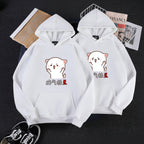 Front view of couple Korean loose fit hoodie sweater with printed letter streetwear design