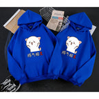 Front view of couple Korean loose fit hoodie sweater with printed letter streetwear design