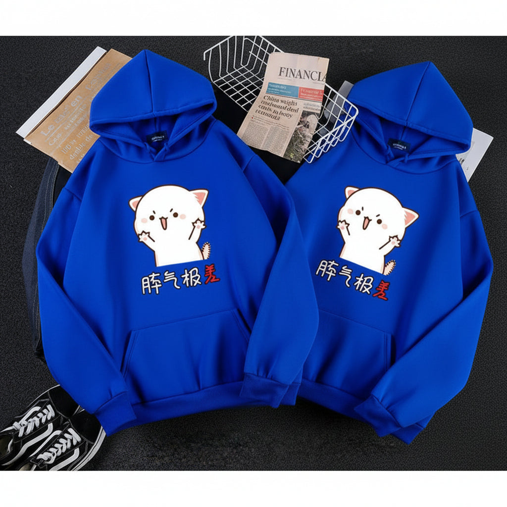Front view of couple Korean loose fit hoodie sweater with printed letter streetwear design