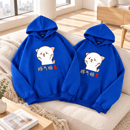 Front view of couple Korean loose fit hoodie sweater with printed letter streetwear design