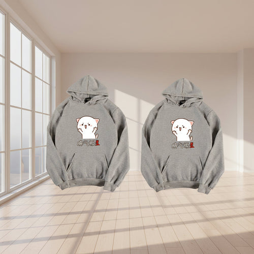 Front view of couple Korean loose fit hoodie sweater with printed letter streetwear design