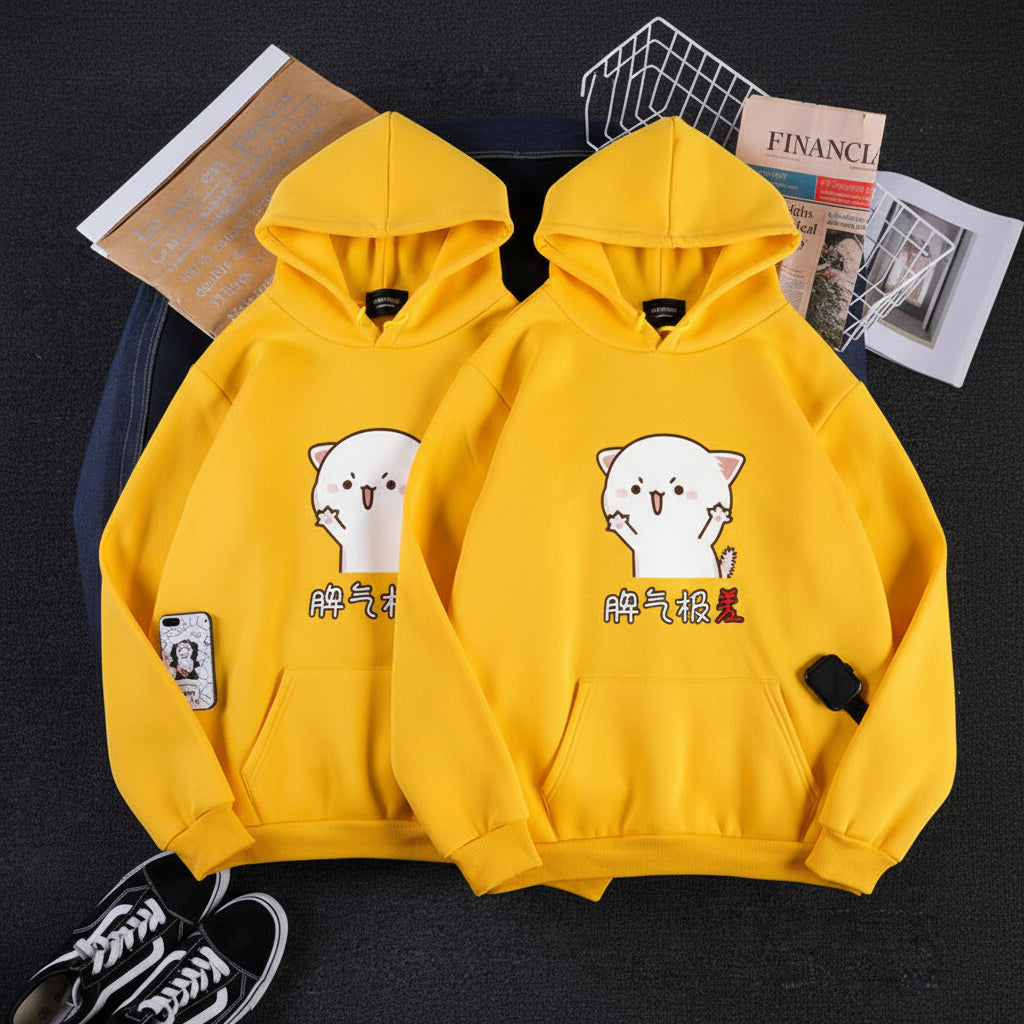 Front view of couple Korean loose fit hoodie sweater with printed letter streetwear design