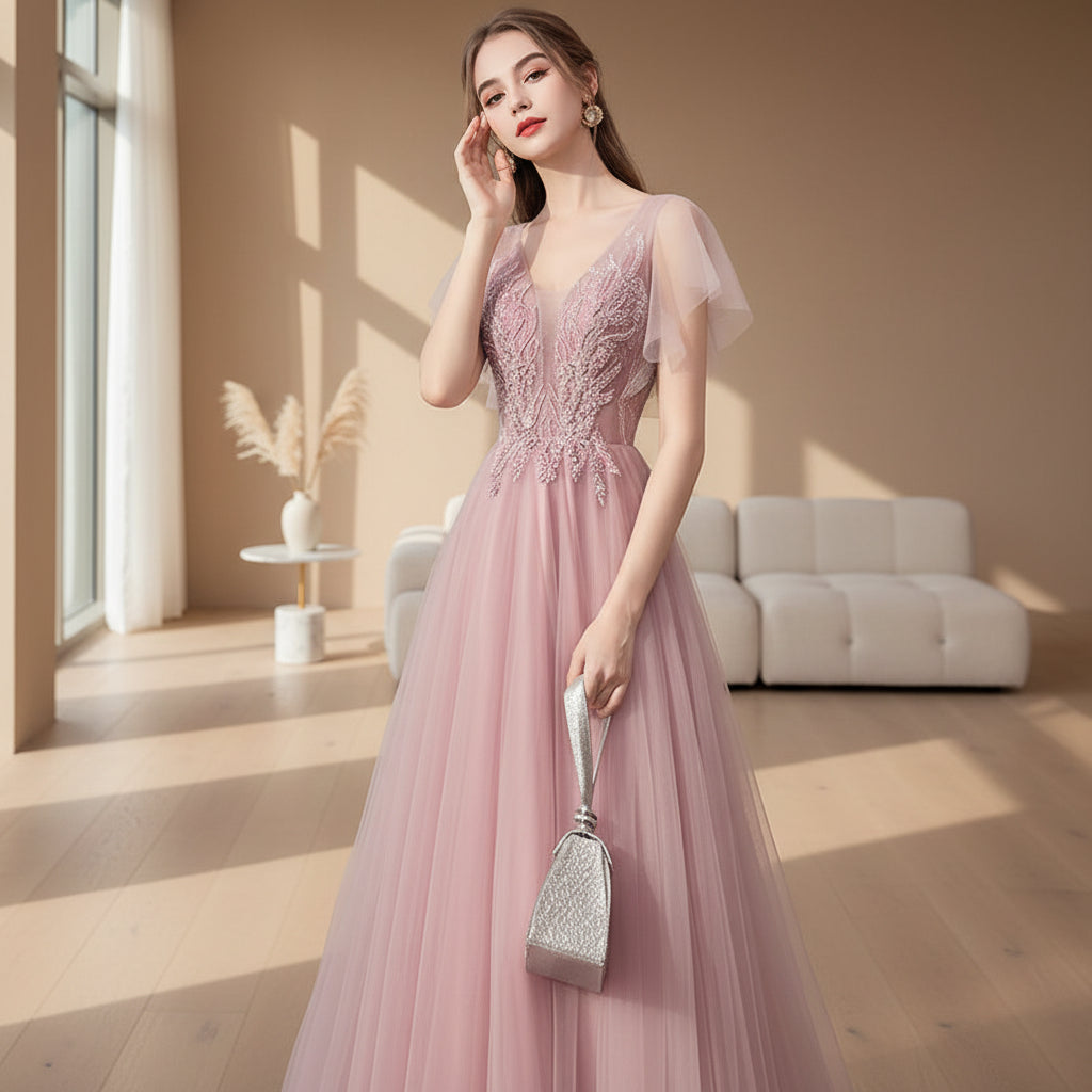 Woman in a pink evening gown against a textured gray wall