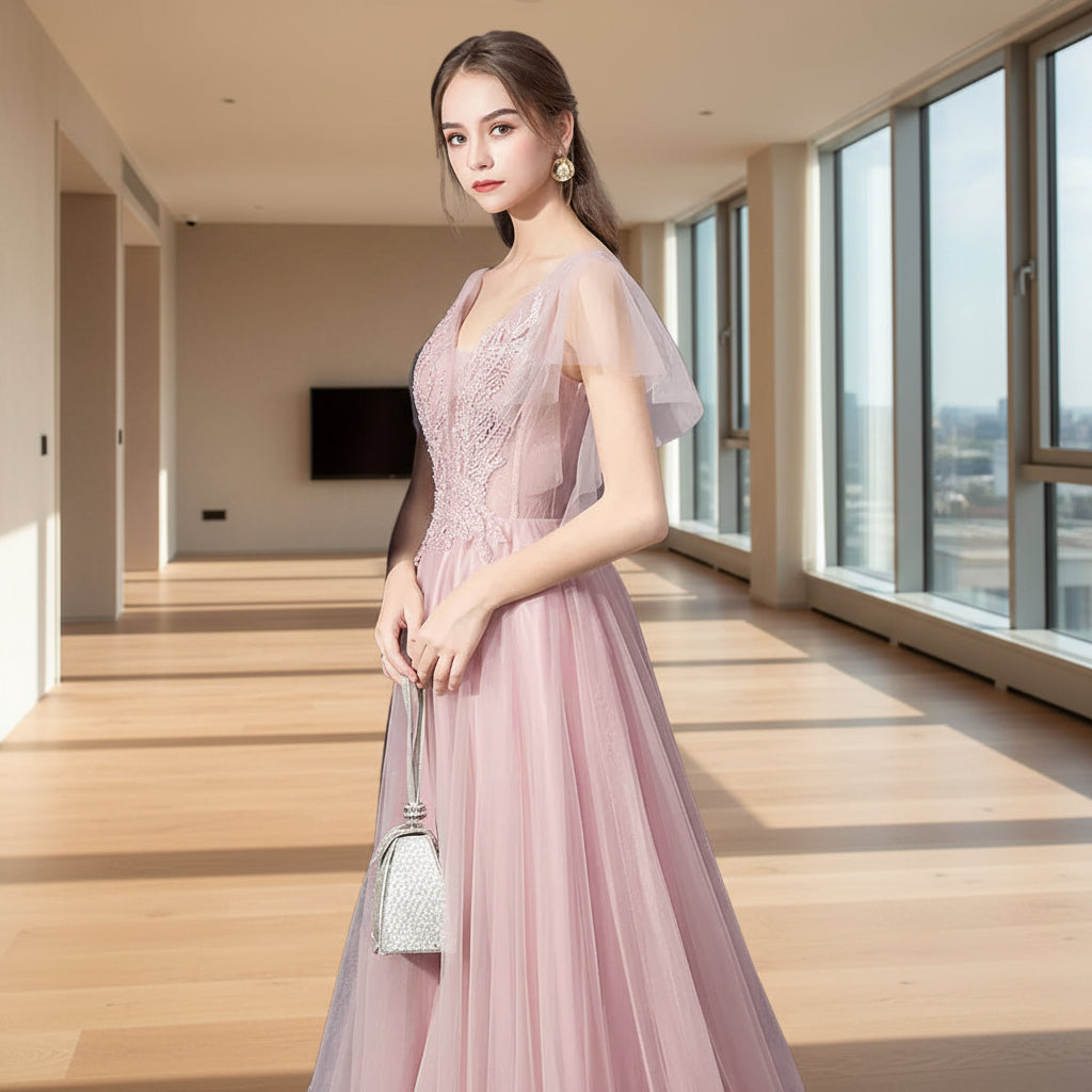 Woman in a pink evening gown standing against a textured gray wall.