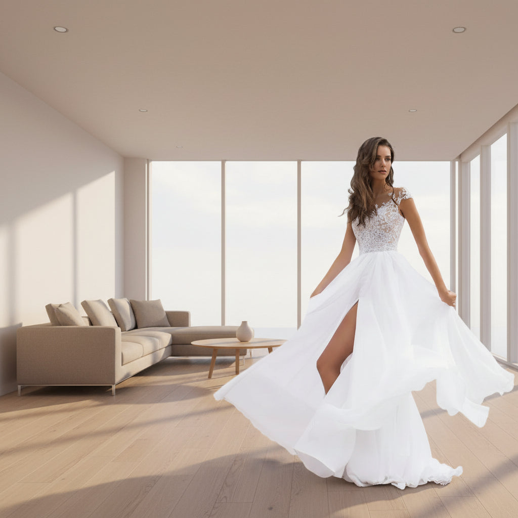 Woman in a white wedding dress with a high slit standing on a beach.