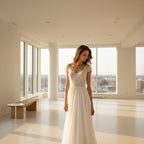 Woman in a white wedding dress standing on a beach with ocean in the background
