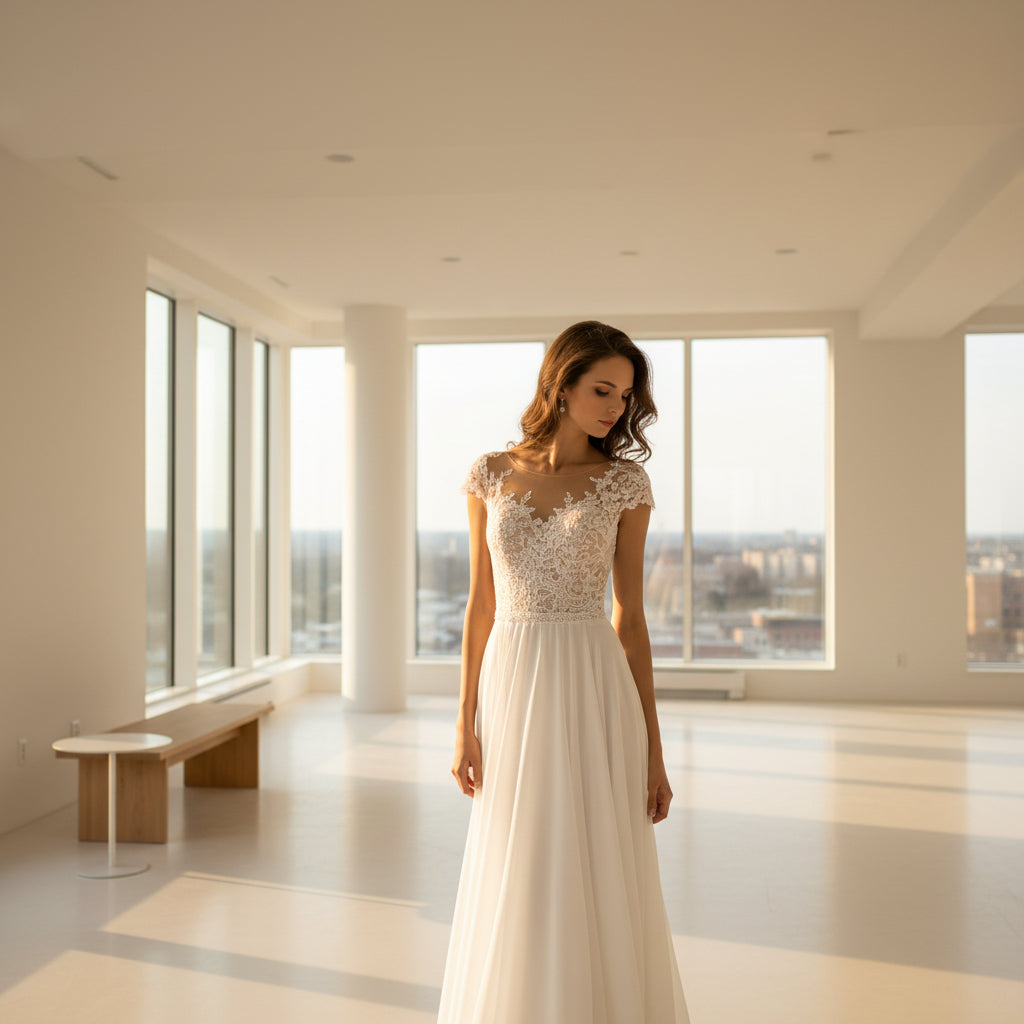 Woman in a white wedding dress standing on a beach with ocean in the background