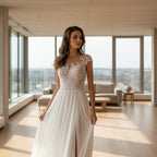 Woman in a white wedding dress with a high slit standing on a beach.