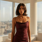 Burgundy evening gown with a slit on a white background