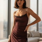 Burgundy evening gown with a slit on a white background