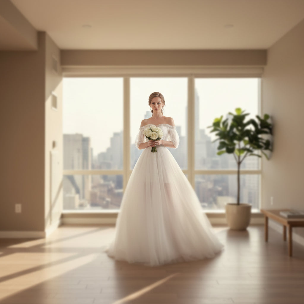 Woman in a white wedding dress holding flowers in a bright room with white curtains.