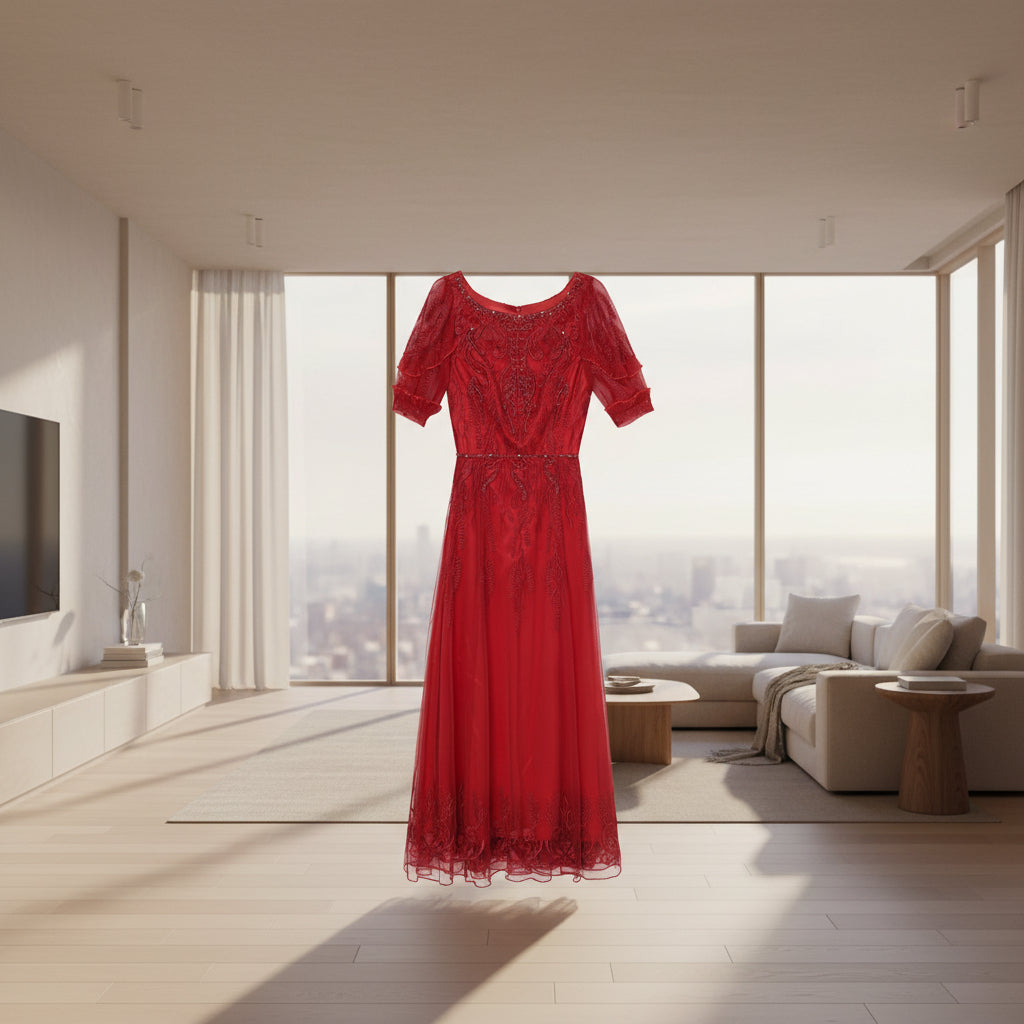 Red lace dress on a white background