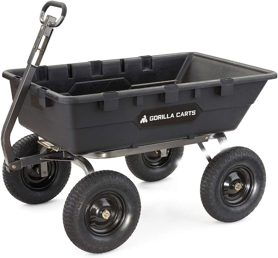 Heavy Duty Poly Utility Dump Wagon Garden Cart w/Pneumatic Tires, 6 Cu Ft - 1200 lb Capacity Outdoor Wheelbarrow for Yard, Landscaping & Gardening, Lawn Tractor or ATV Towable-Gorilla Carts