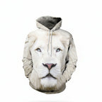 Front view of men’s 3D white lion hooded sweater designed for autumn winter streetwear fashion