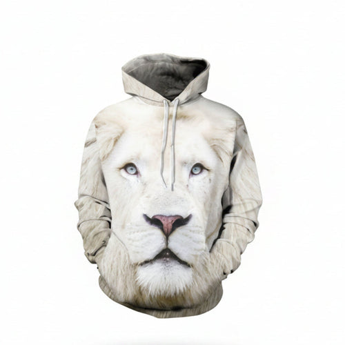 Front view of men’s 3D white lion hooded sweater designed for autumn winter streetwear fashion