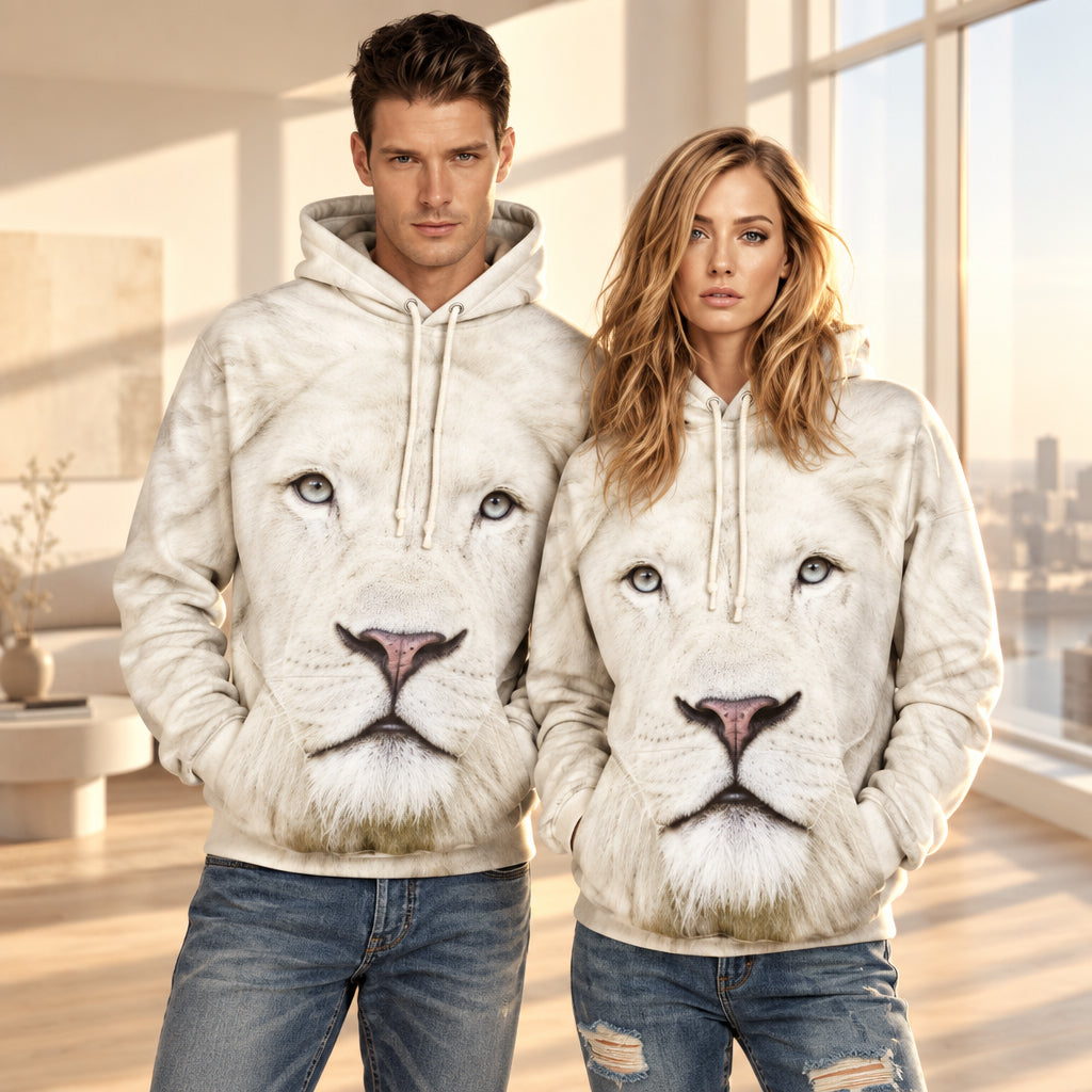 Front view of men’s 3D white lion hooded sweater designed for autumn winter streetwear fashion