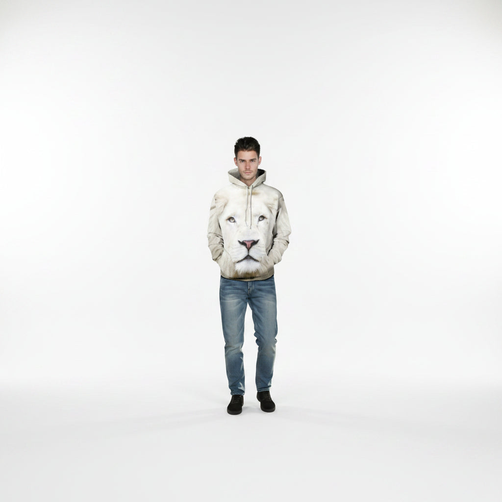 Front view of men’s 3D white lion hooded sweater designed for autumn winter streetwear fashion