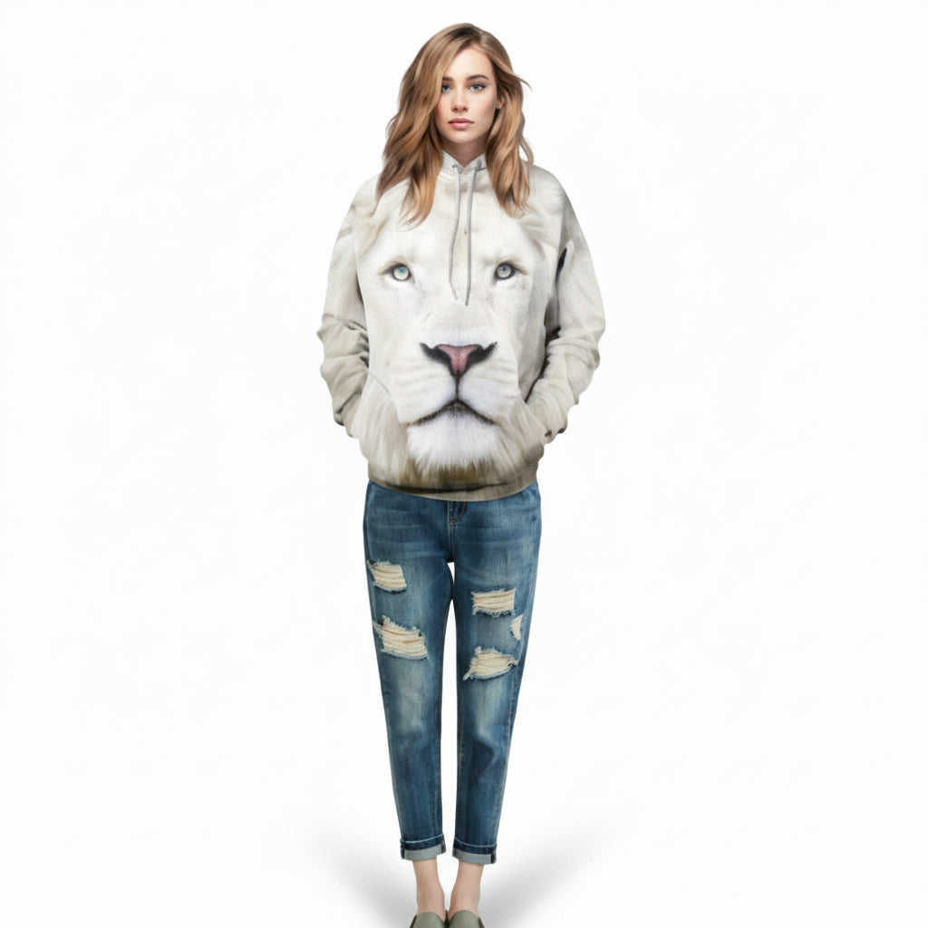 Front view of men’s 3D white lion hooded sweater designed for autumn winter streetwear fashion