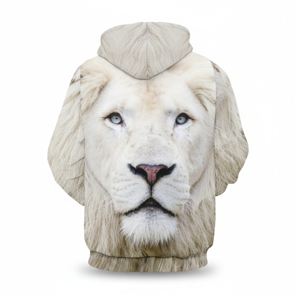 Front view of men’s 3D white lion hooded sweater designed for autumn winter streetwear fashion