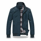 Front view of men’s autumn fashion jacket with stand-up collar and slim fit design