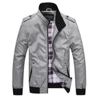Front view of men’s autumn fashion jacket with stand-up collar and slim fit design