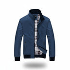 Front view of men’s autumn fashion jacket with stand-up collar and slim fit design