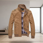 Front view of men’s autumn fashion jacket with stand-up collar and slim fit design