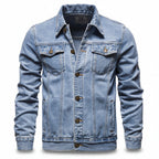 Front view of men’s blue hooded denim jacket with slim fit streetwear style