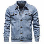 Front view of men’s blue hooded denim jacket with slim fit streetwear style