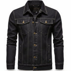 Front view of men’s blue hooded denim jacket with slim fit streetwear style