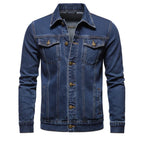 Front view of men’s blue hooded denim jacket with slim fit streetwear style