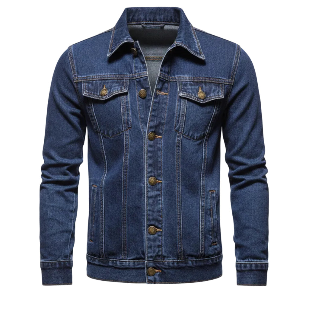 Front view of men’s blue hooded denim jacket with slim fit streetwear style