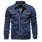 Front view of men’s blue hooded denim jacket with slim fit streetwear style