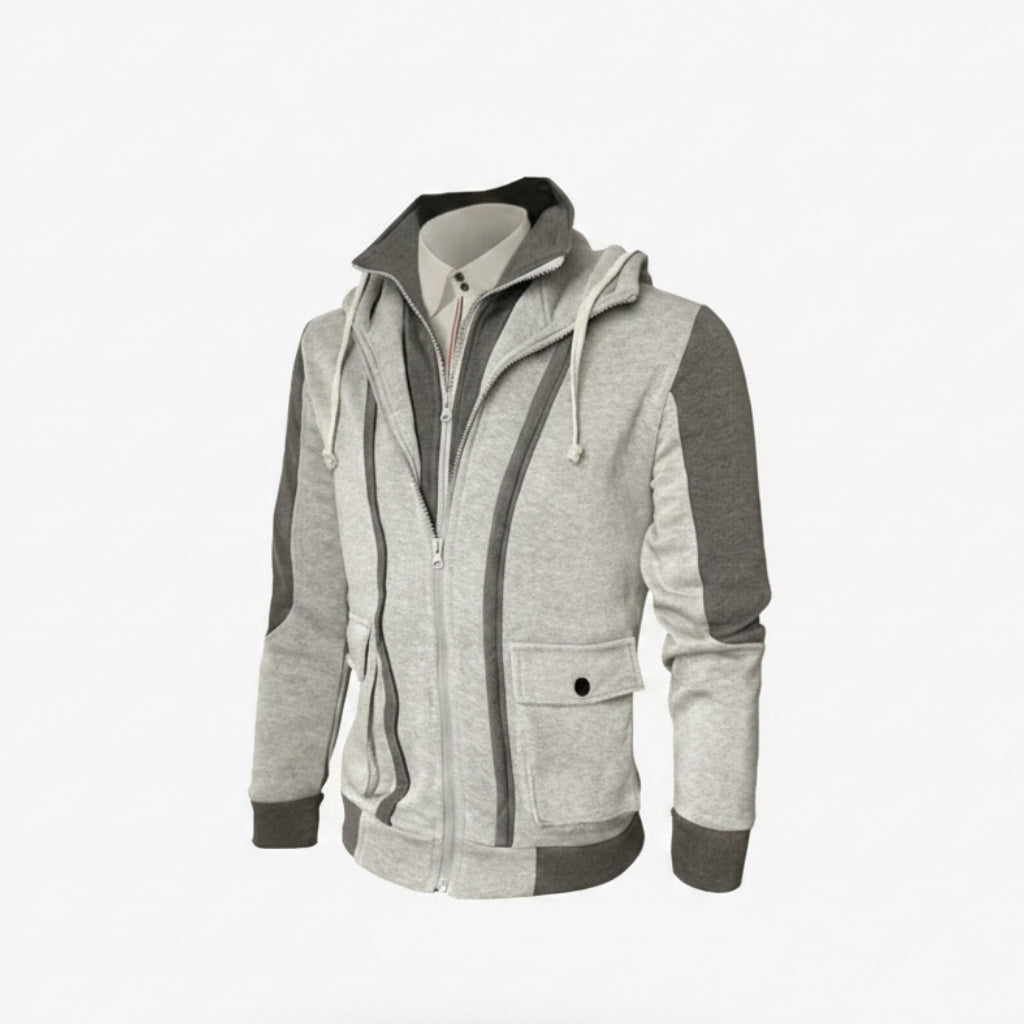 Front view of men’s casual hooded jacket coat with cotton lining and zip cardigan design