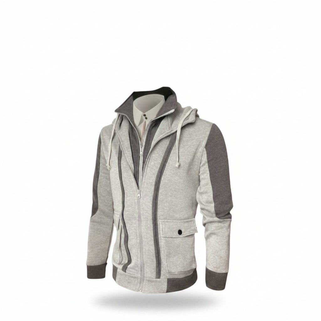 Front view of men’s casual hooded jacket coat with cotton lining and zip cardigan design