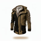 Front view of men’s casual hooded jacket coat with cotton lining and zip cardigan design