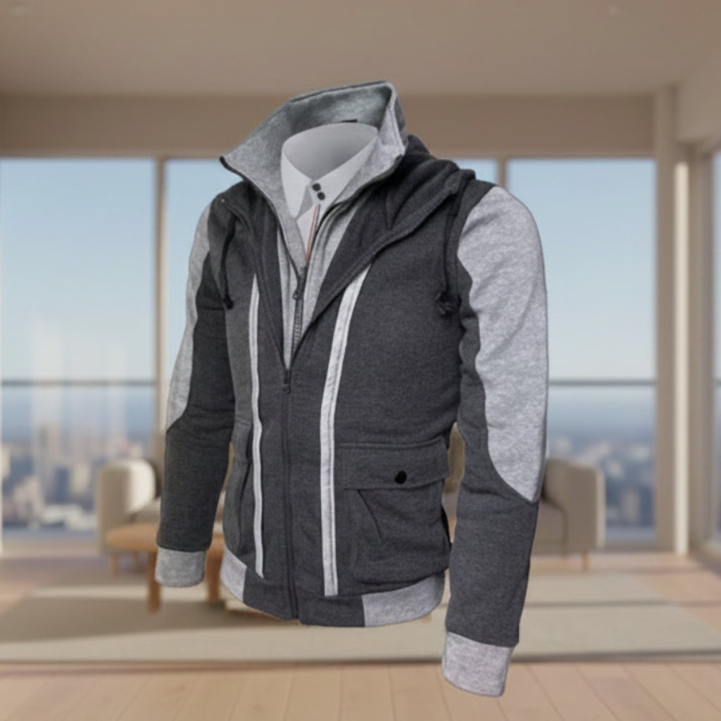 Front view of men’s casual hooded jacket coat with cotton lining and zip cardigan design