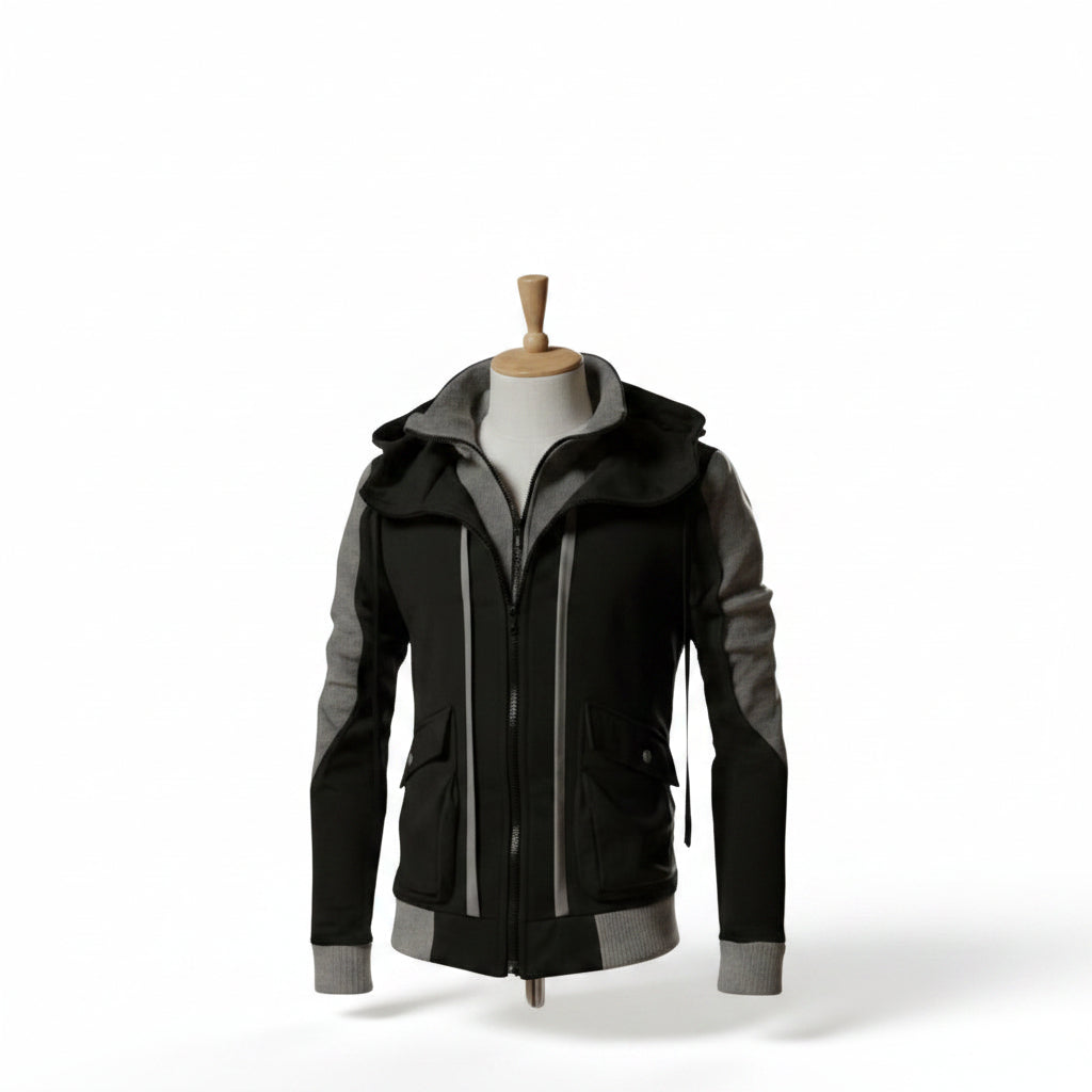 Front view of men’s casual hooded jacket coat with cotton lining and zip cardigan design