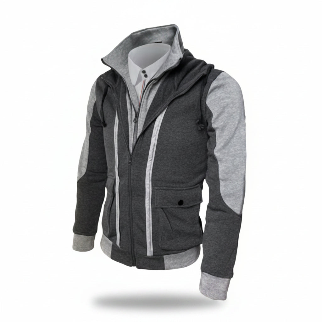 Front view of men’s casual hooded jacket coat with cotton lining and zip cardigan design