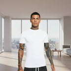 Front view of men’s 3-pack crewneck T-shirts in black and white striped casual style