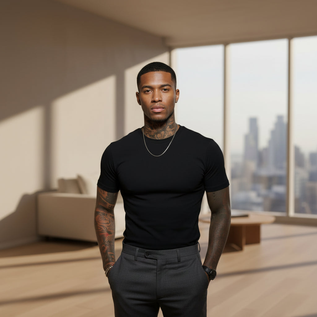 Front view of men’s 3-pack crewneck T-shirts in black and white striped casual style
