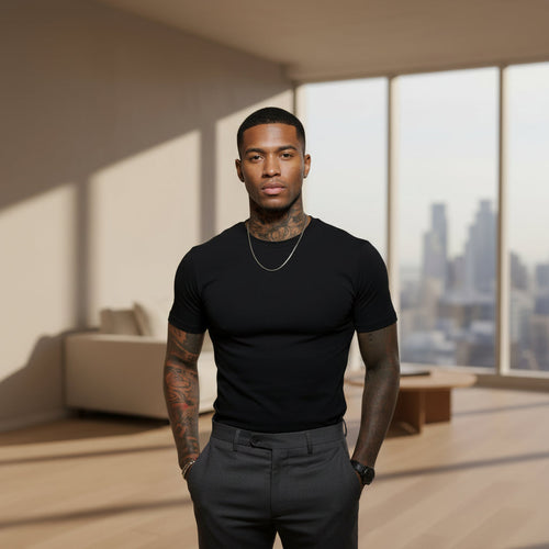 Front view of men’s 3-pack crewneck T-shirts in black and white striped casual style