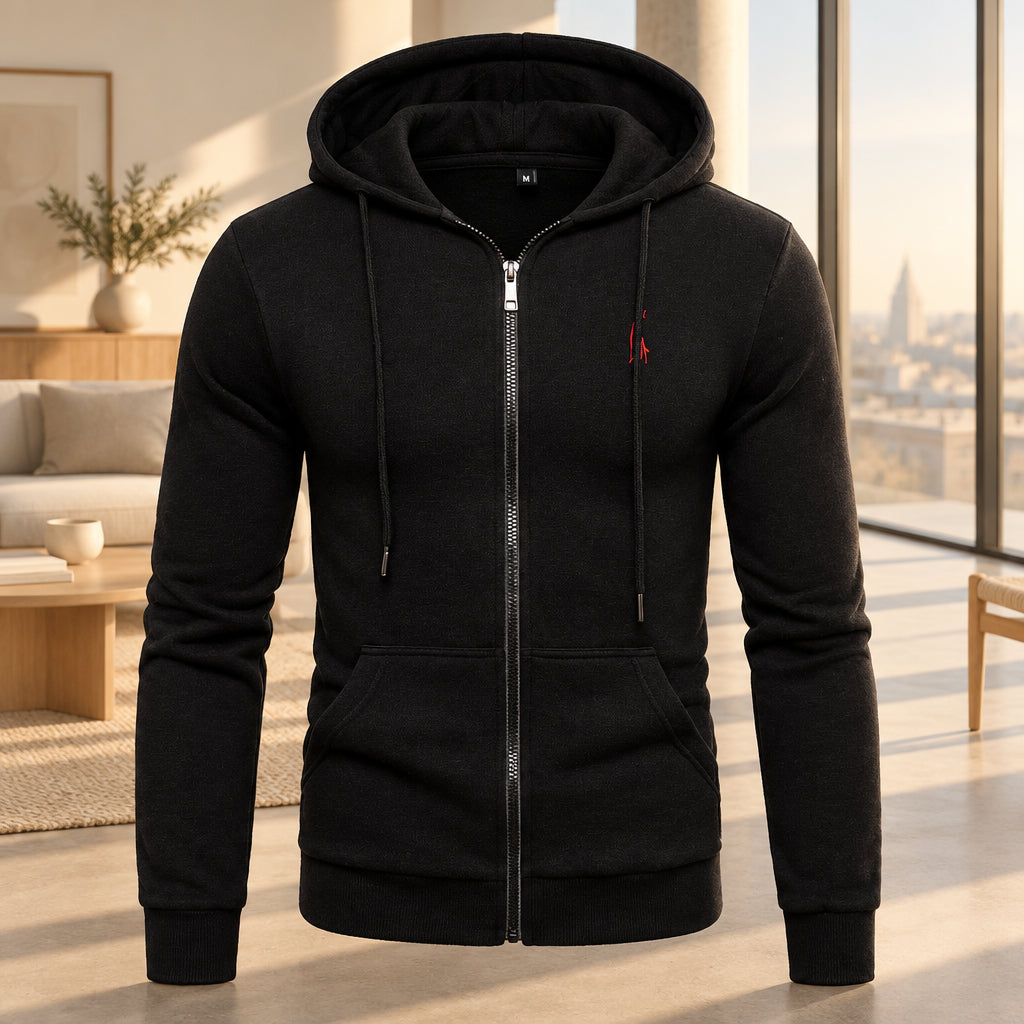 Men's fleece hooded sweater with embroidery detail